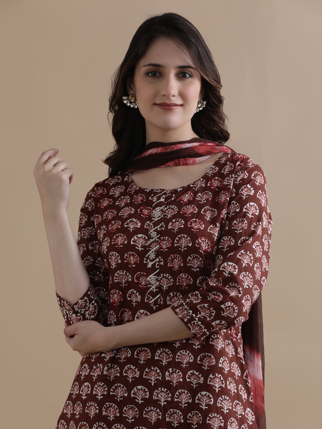 Brown Floral Printed Gotta Patti Pure Cotton Kurta With Pant & Chiffon Dupatta
