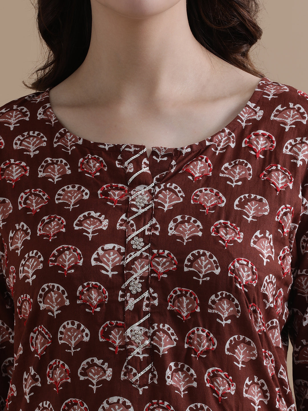 Brown Floral Printed Gotta Patti Pure Cotton Kurta With Pant & Chiffon Dupatta