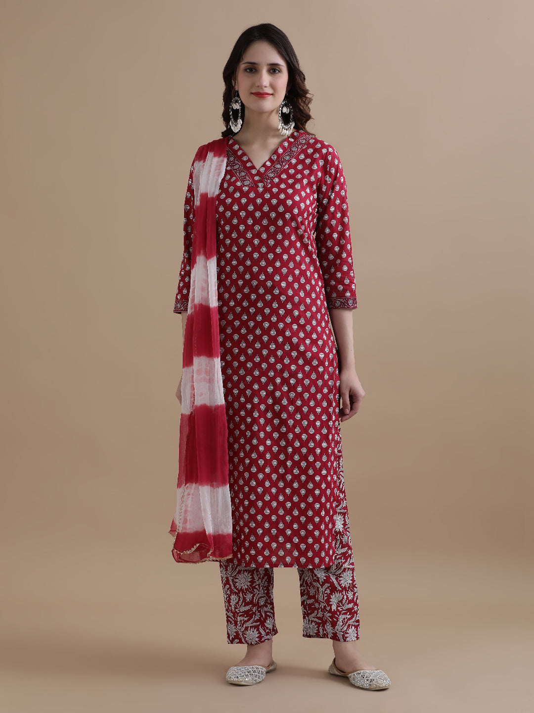 Red Floral Printed Pure Cotton Kurta With Pant & Chiffon Dupatta