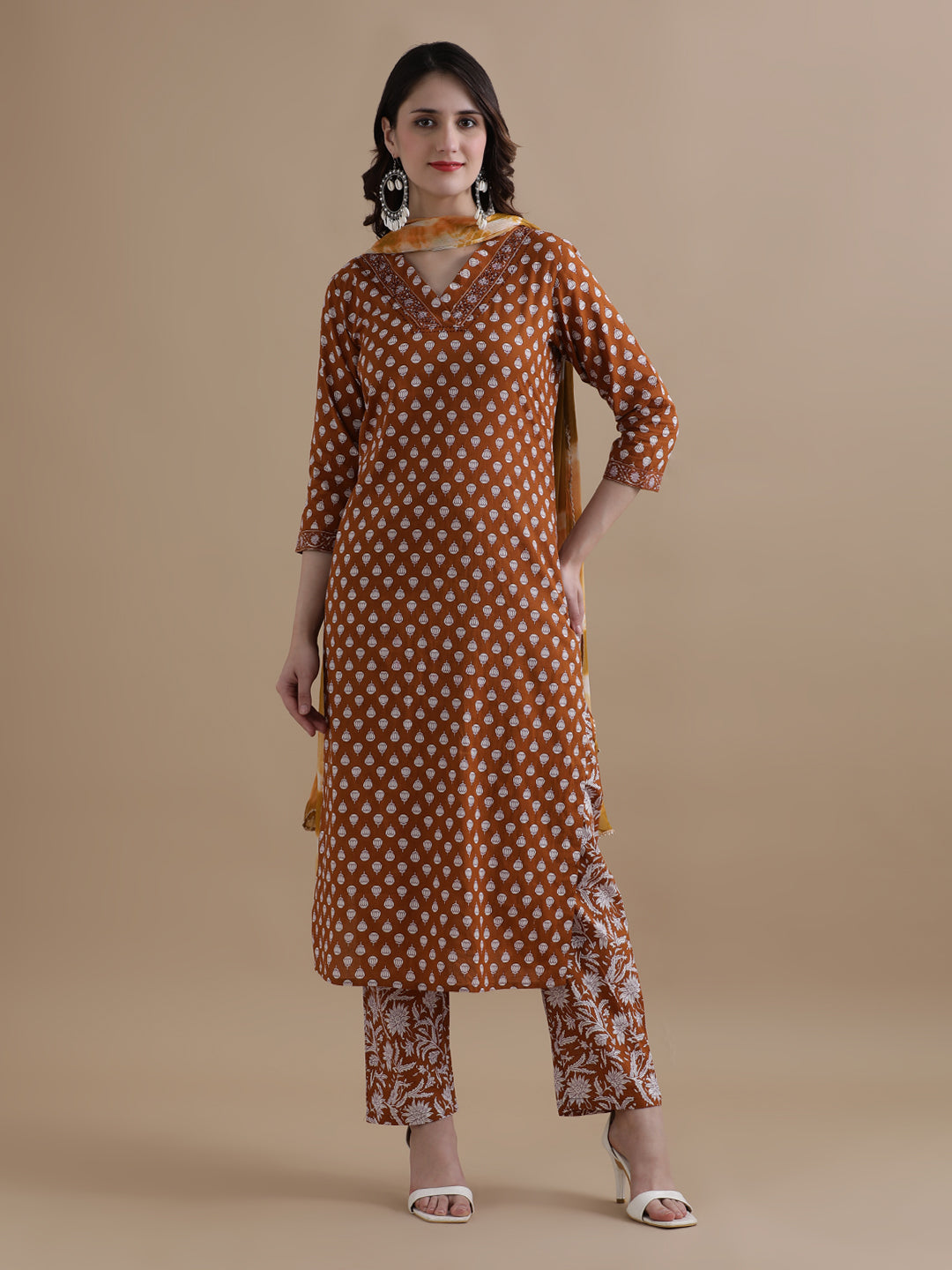 Mustard Floral Printed Thread Work Pure Cotton Kurta With Pant & Chiffon Dupatta