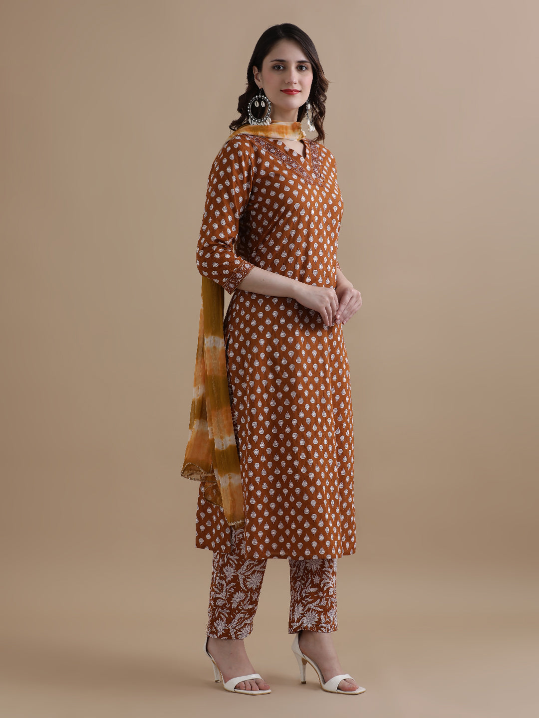 Mustard Floral Printed Thread Work Pure Cotton Kurta With Pant & Chiffon Dupatta