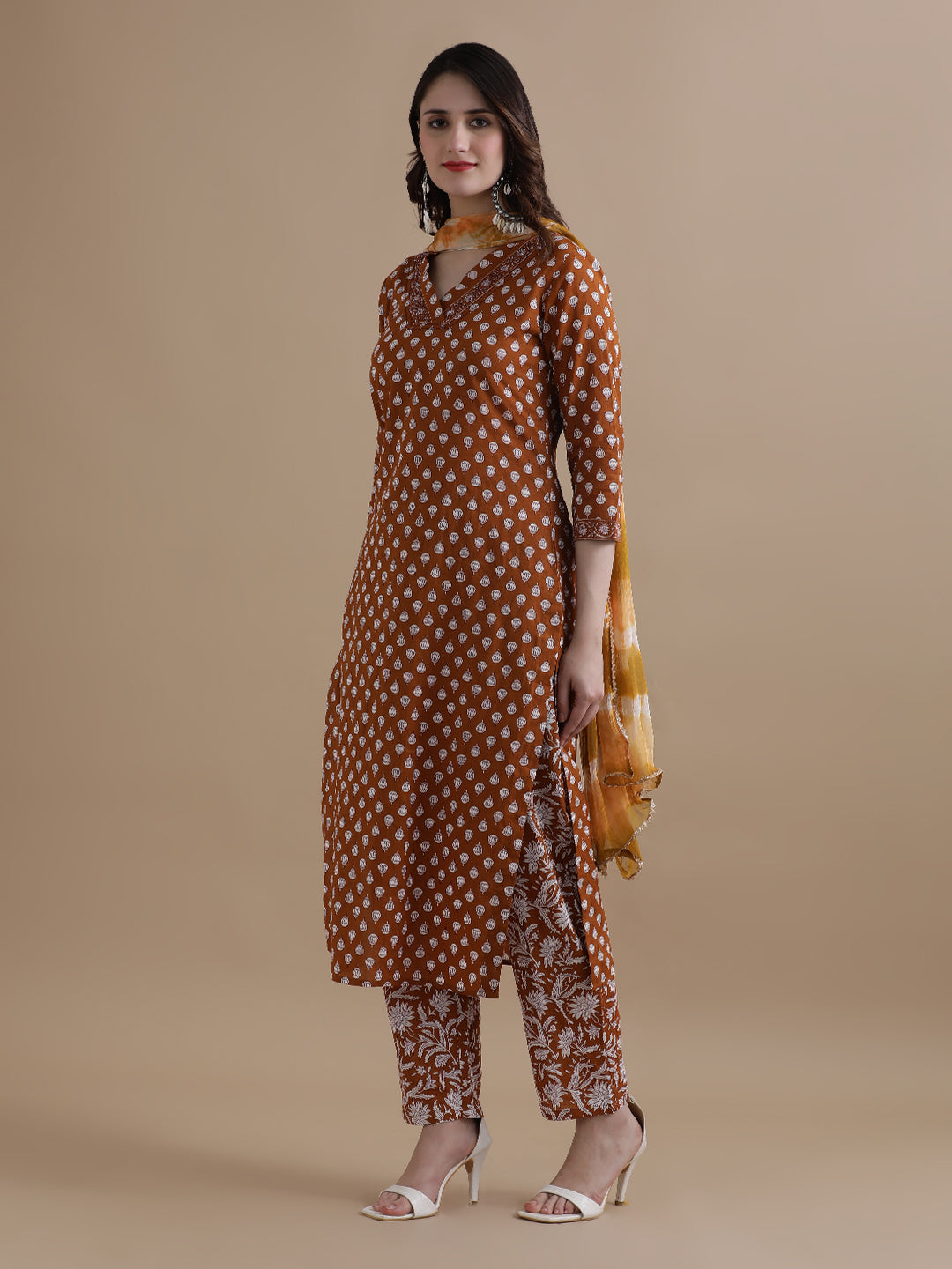 Mustard Floral Printed Thread Work Pure Cotton Kurta With Pant & Chiffon Dupatta