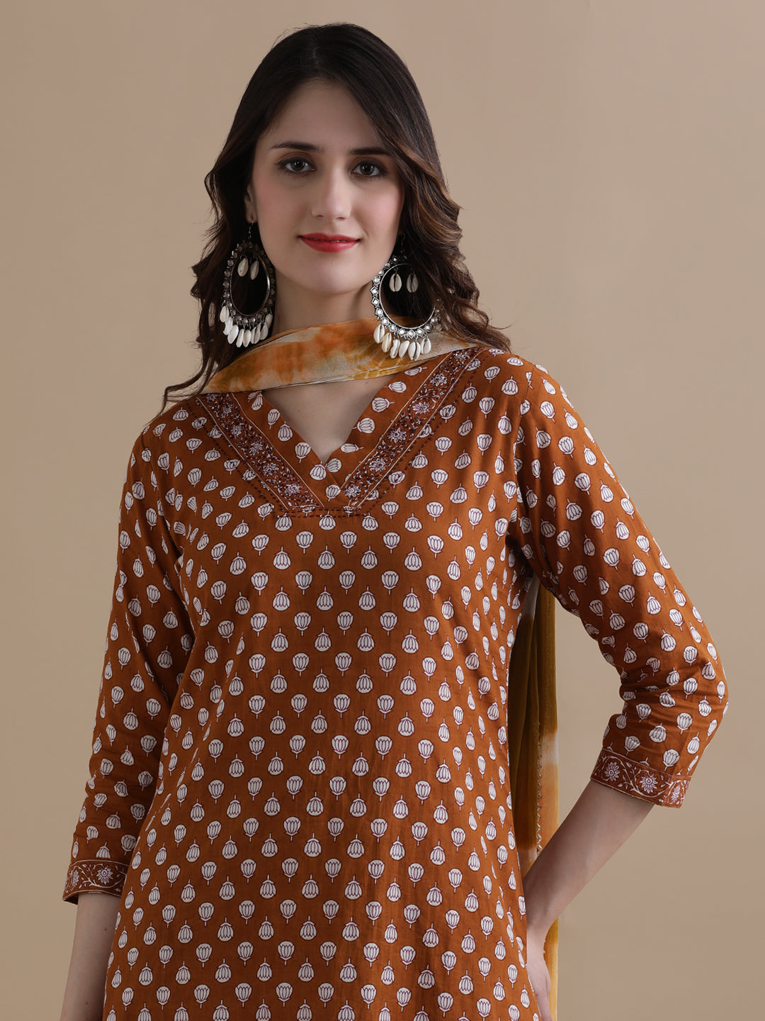 Mustard Floral Printed Thread Work Pure Cotton Kurta With Pant & Chiffon Dupatta