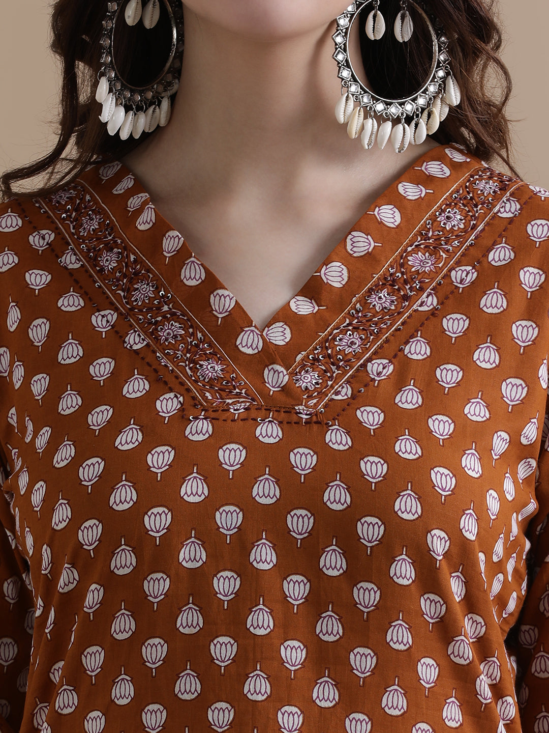 Mustard Floral Printed Thread Work Pure Cotton Kurta With Pant & Chiffon Dupatta