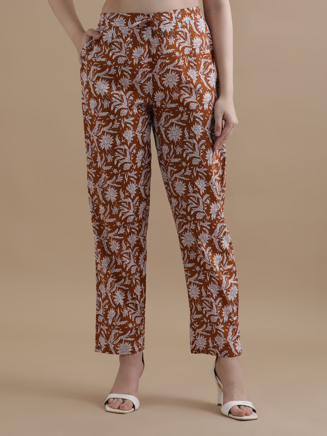 Mustard Floral Printed Thread Work Pure Cotton Kurta With Pant & Chiffon Dupatta