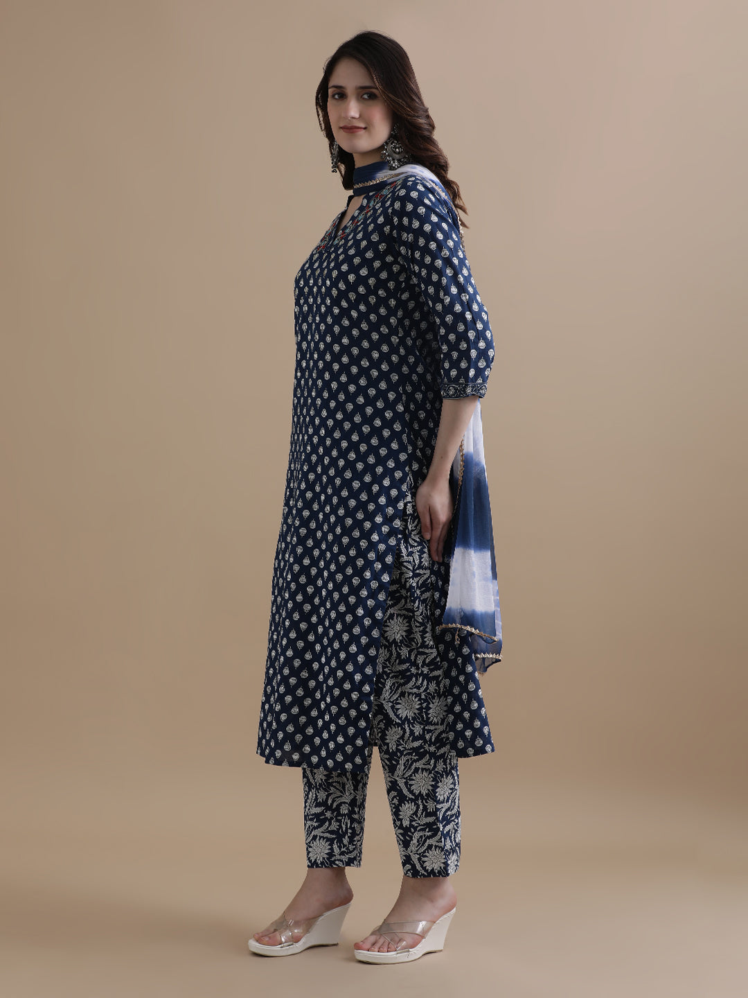 Navy Blue Floral Printed Thread Work Pure Cotton Kurta With Pant & Chiffon Dupatta