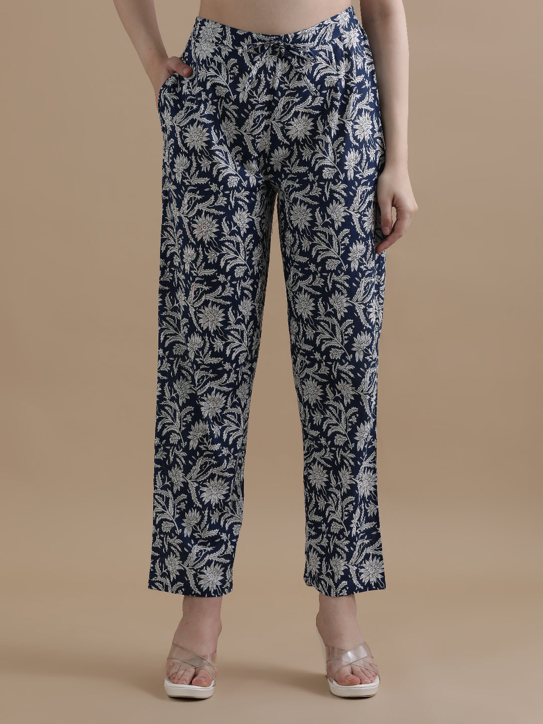 Navy Blue Floral Printed Thread Work Pure Cotton Kurta With Pant & Chiffon Dupatta