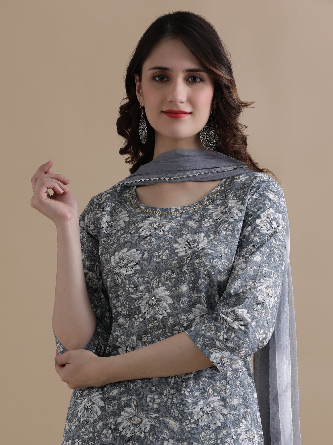 Grey Floral Printed Thread Work Pure Cotton Kurta With Pant & Chiffon Dupatta