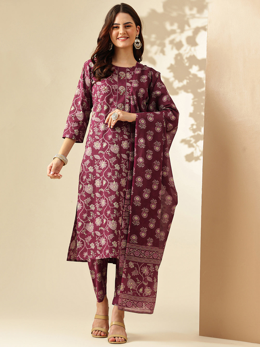 Floral Embroidered Straight Pure Cotton Kurta & Trousers Sets