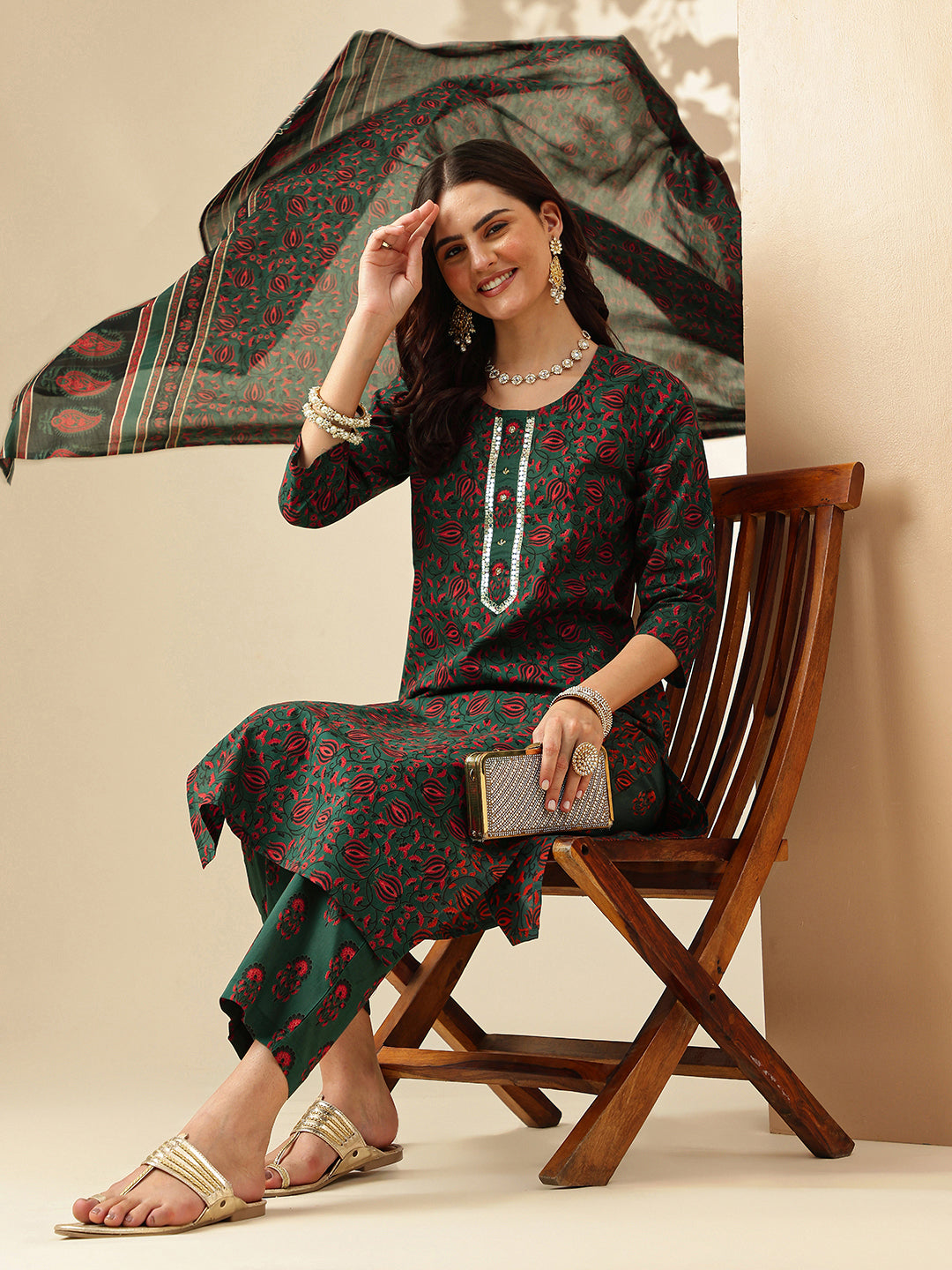 Floral Embroidered Straight Pure Cotton Kurta & Trousers Sets