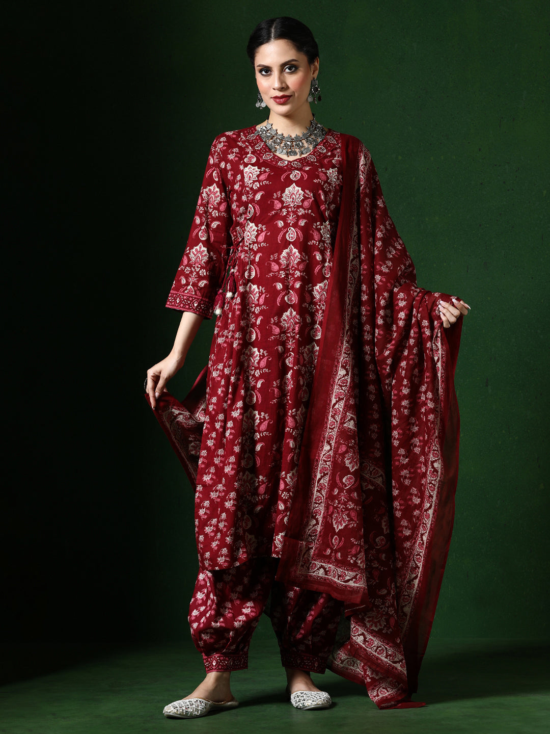 Floral Embroidered A-Line Pure Cotton Kurta & Salwar Sets