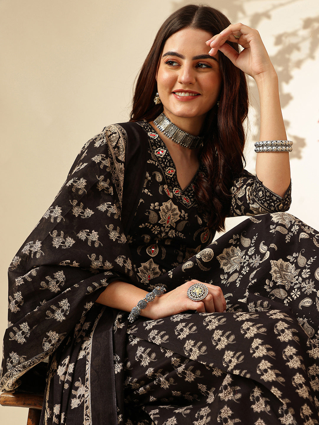 Floral Embroidered A-Line Pure Cotton Kurta & Salwar Sets