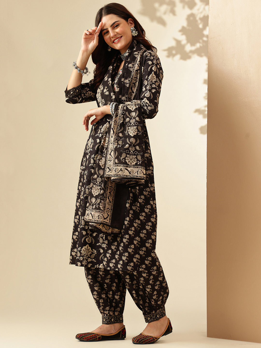 Floral Embroidered A-Line Pure Cotton Kurta & Salwar Sets