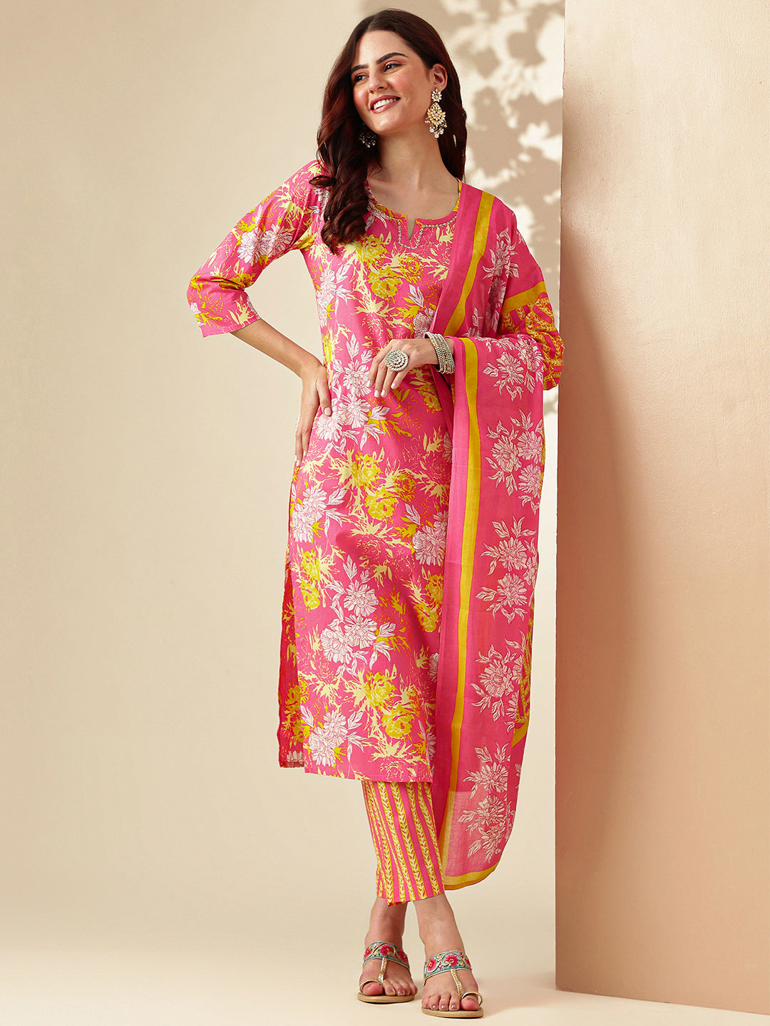 Floral Embroidered Straight Pure Cotton Kurta & Trousers Sets