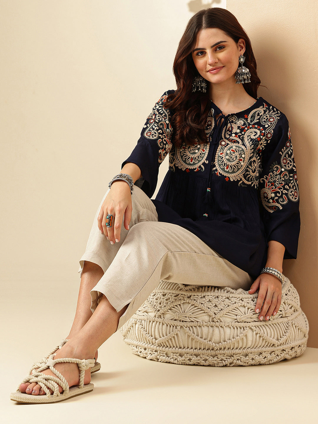 Floral Embroidered A-Line Floral Short Kurti
