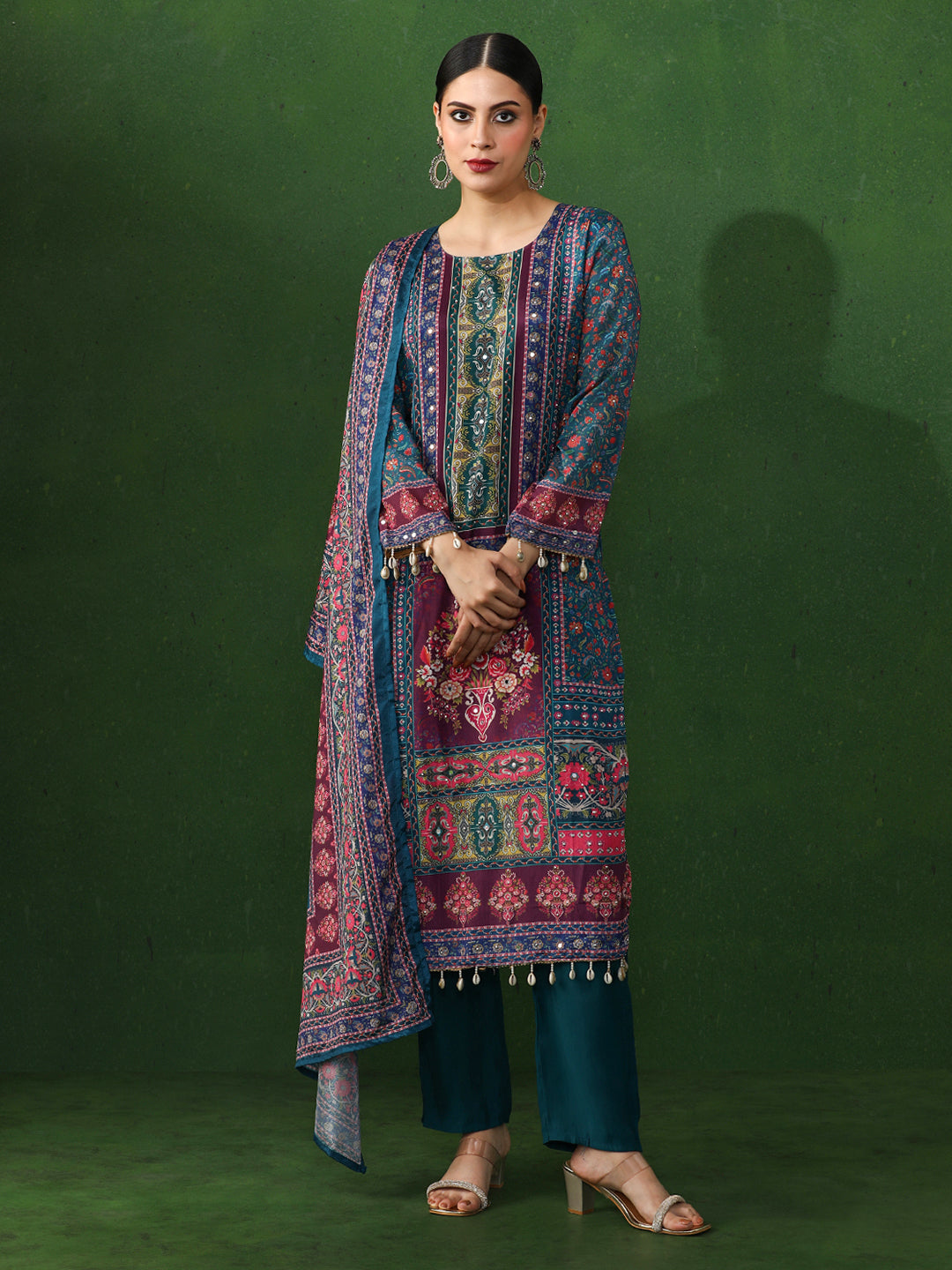 Floral Embroidered A-Line Chinon Kurta & Trousers Sets