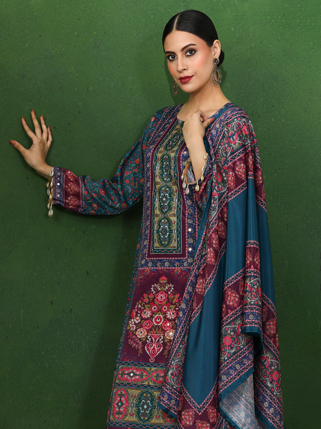 Floral Embroidered A-Line Chinon Kurta & Trousers Sets