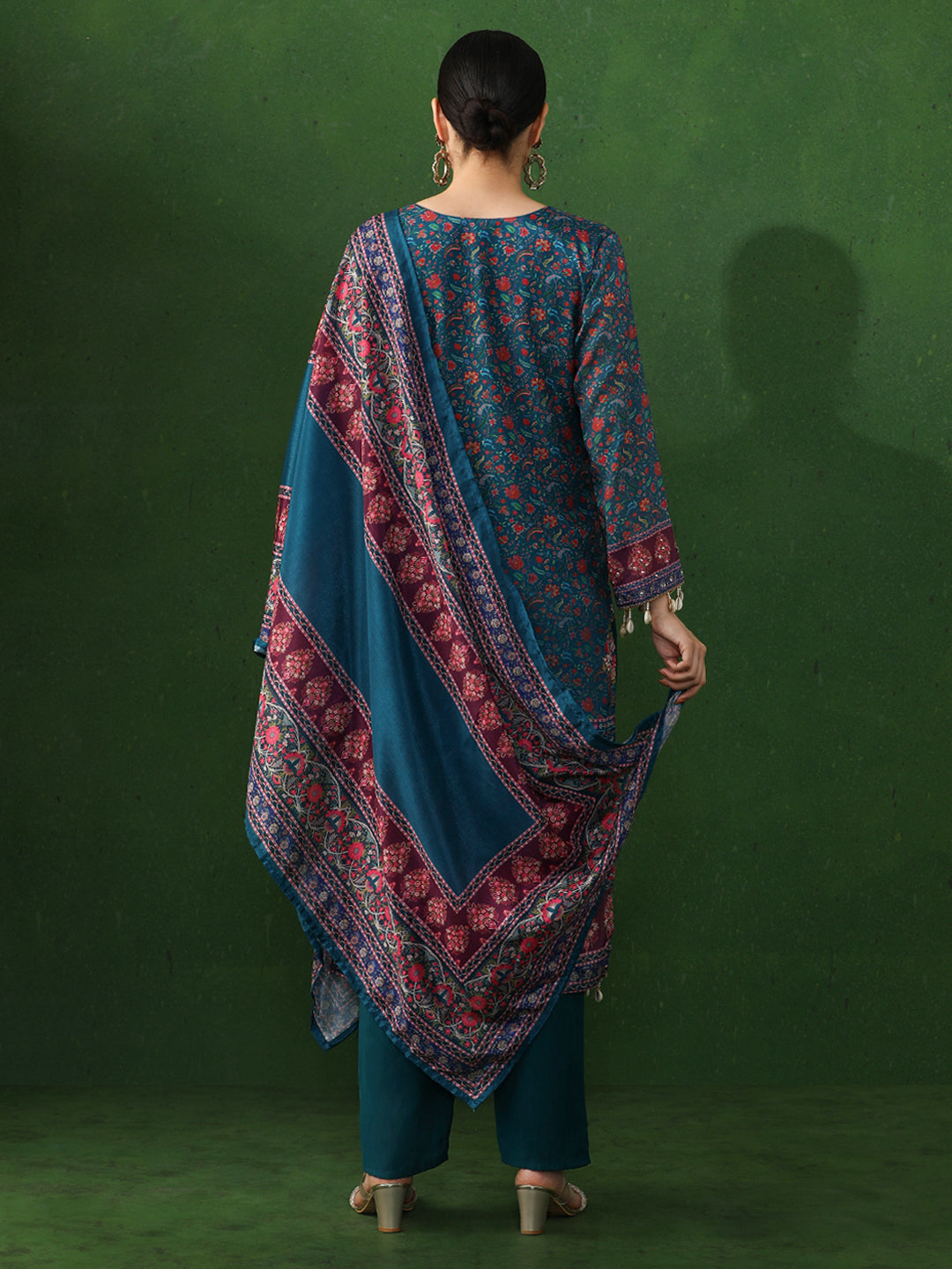 Floral Embroidered A-Line Chinon Kurta & Trousers Sets