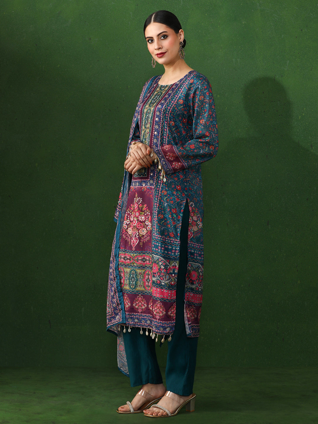 Floral Embroidered A-Line Chinon Kurta & Trousers Sets