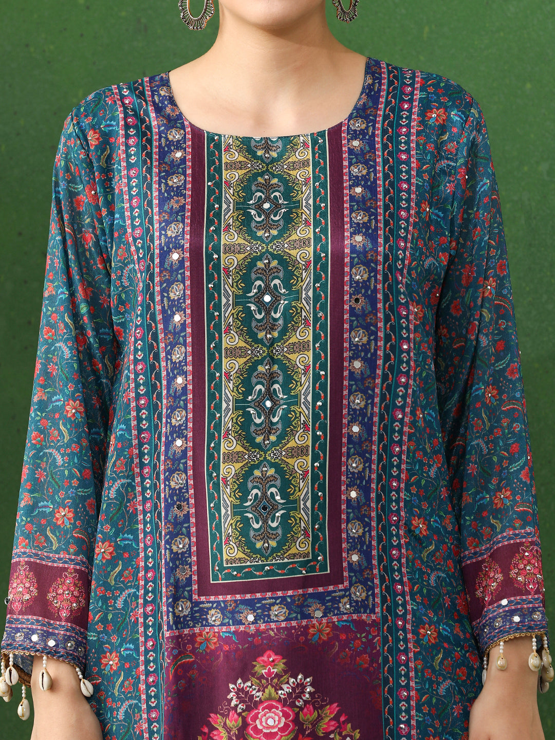 Floral Embroidered A-Line Chinon Kurta & Trousers Sets