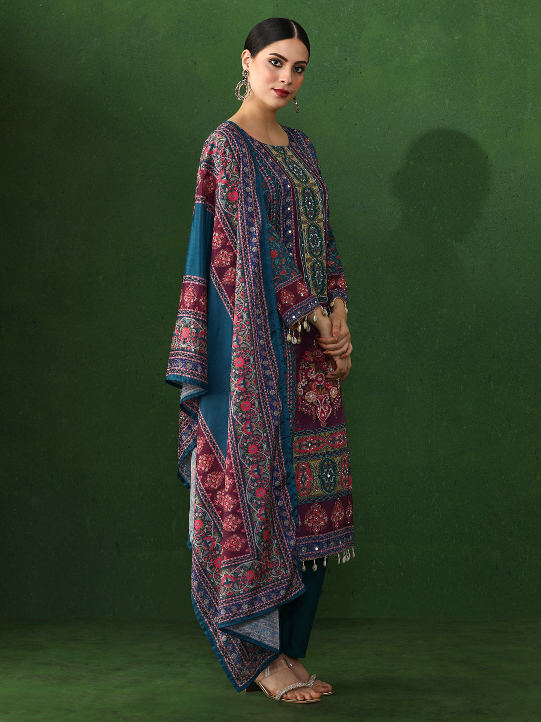 Floral Embroidered A-Line Chinon Kurta & Trousers Sets