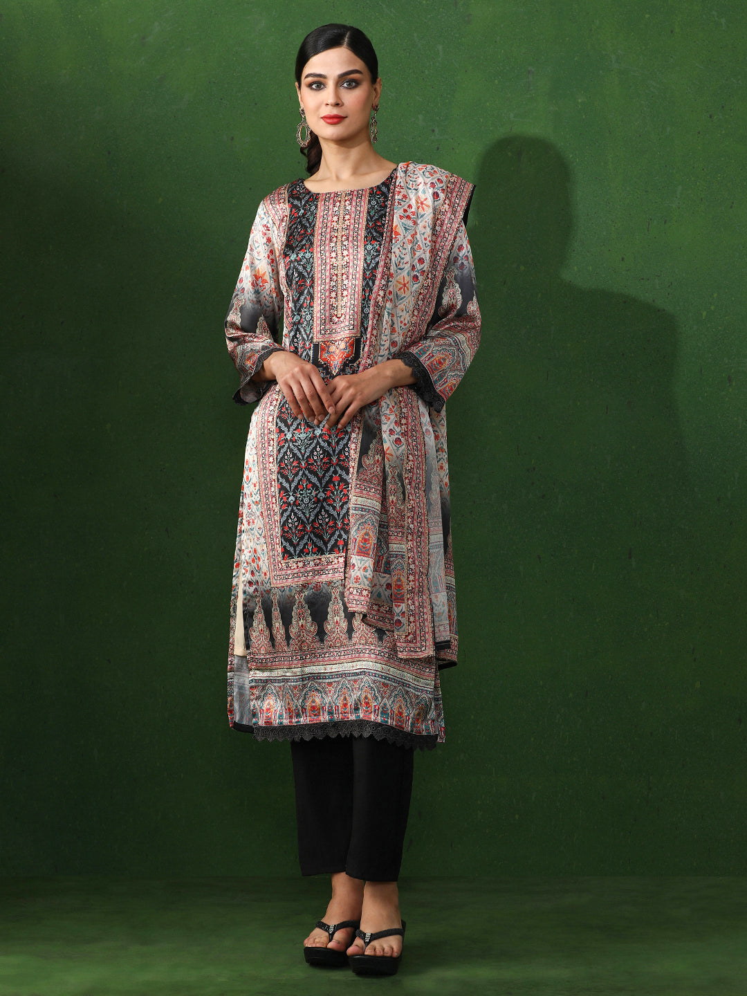 Floral Embroidered A-Line Satin Kurta & Trousers Sets