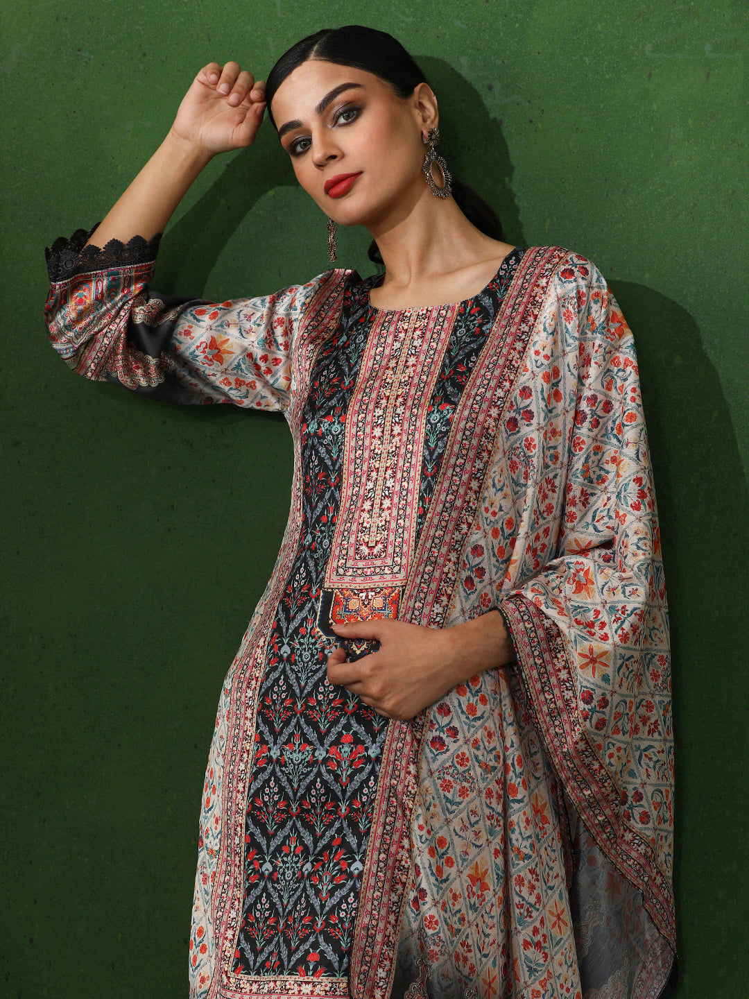 Floral Embroidered A-Line Satin Kurta & Trousers Sets