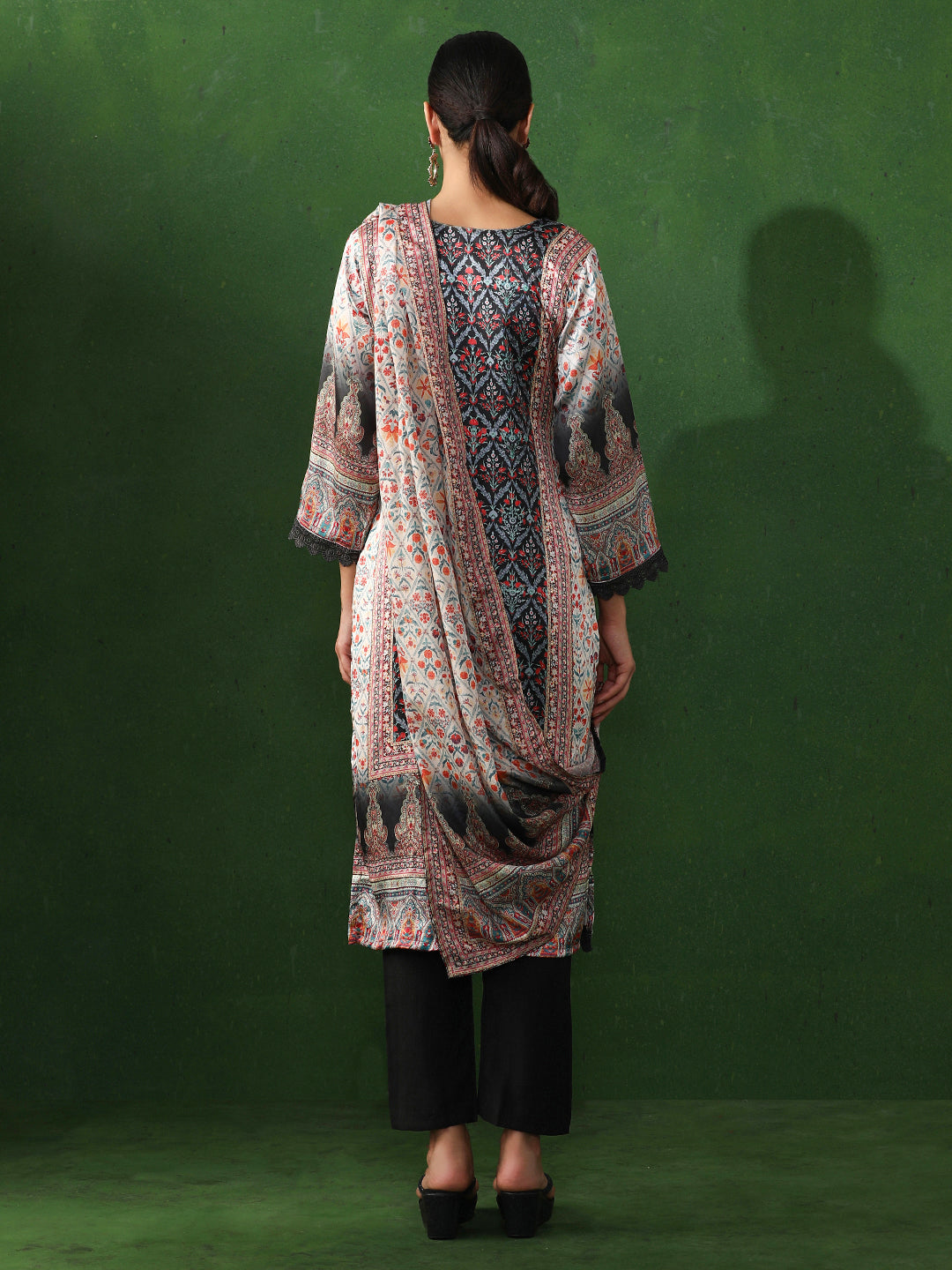 Floral Embroidered A-Line Satin Kurta & Trousers Sets