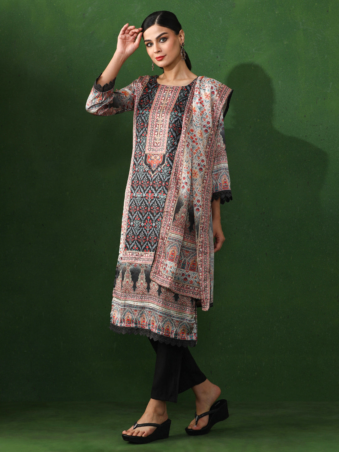 Floral Embroidered A-Line Satin Kurta & Trousers Sets
