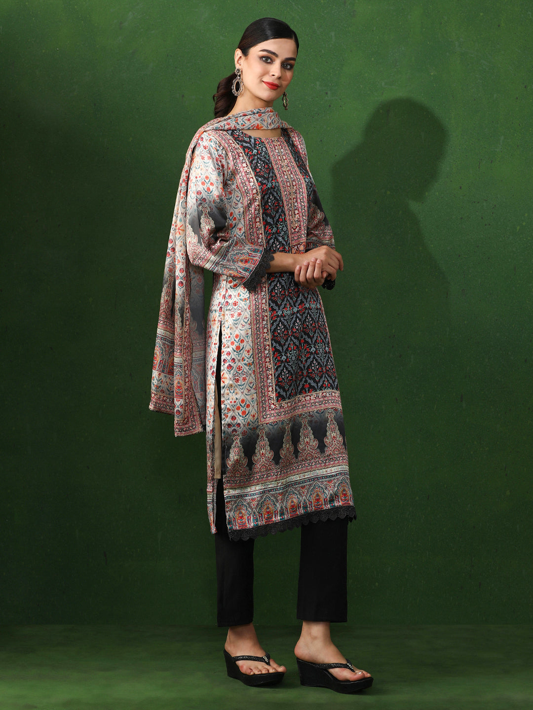 Floral Embroidered A-Line Satin Kurta & Trousers Sets