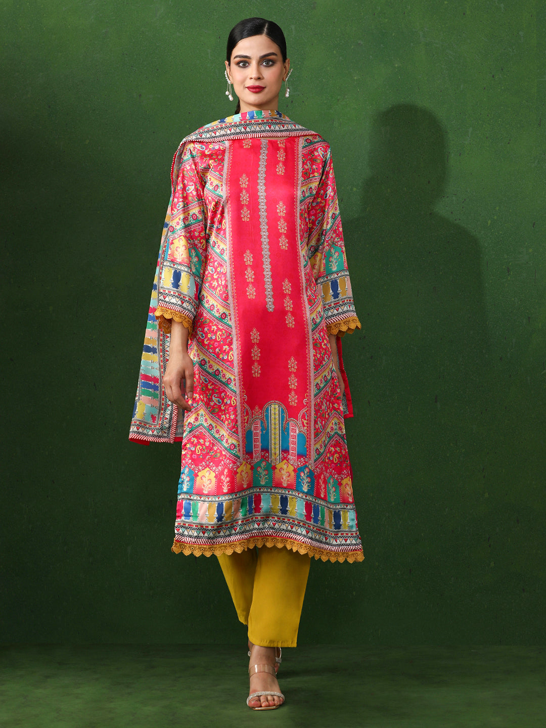 Floral Embroidered A-Line Satin Kurta & Trousers Sets