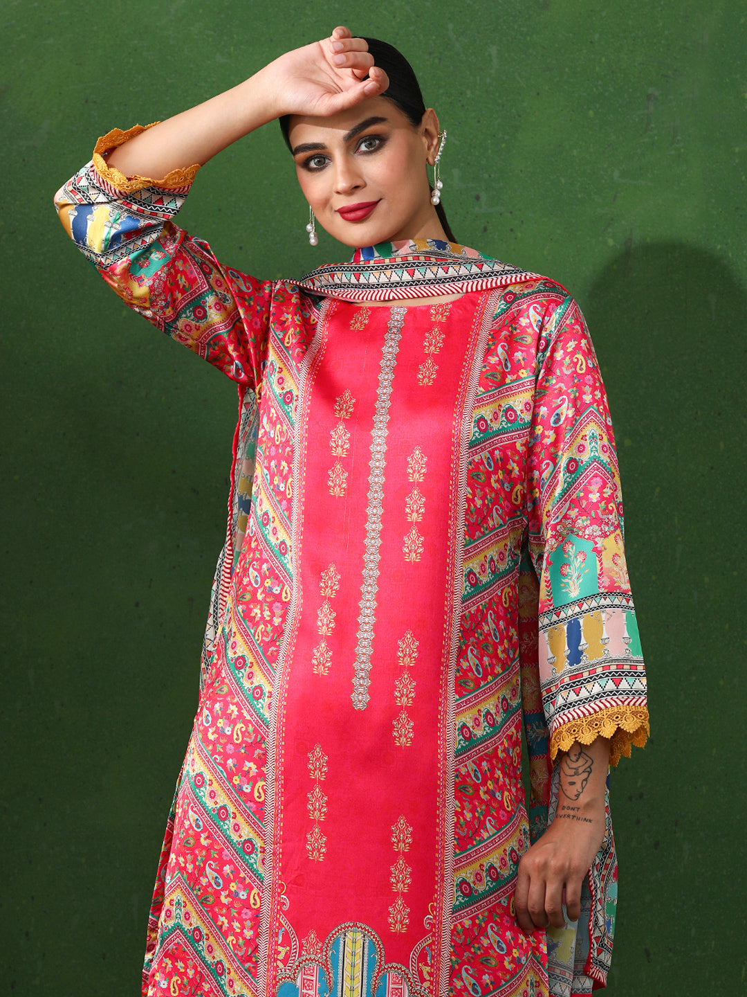 Floral Embroidered A-Line Satin Kurta & Trousers Sets