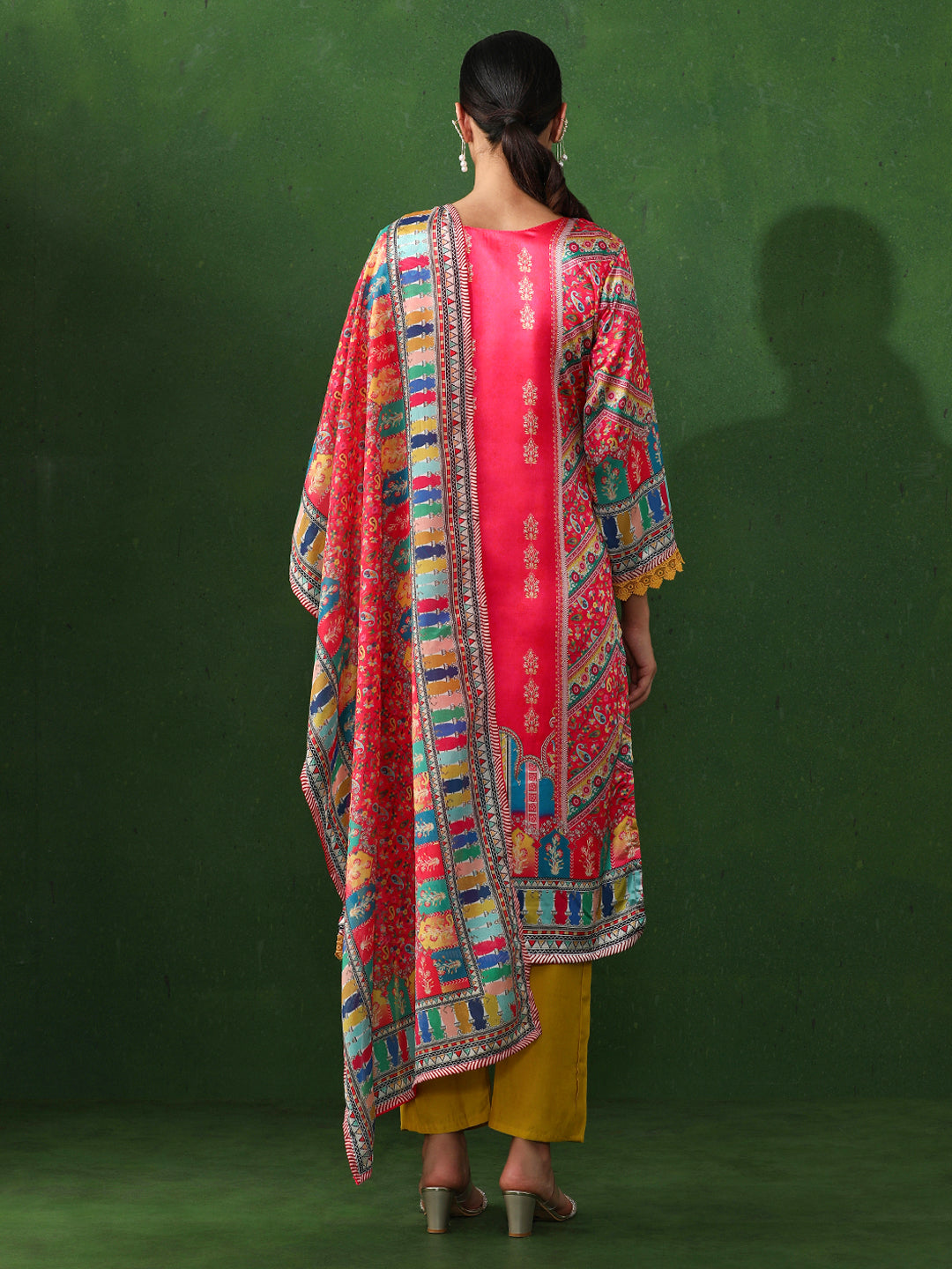Floral Embroidered A-Line Satin Kurta & Trousers Sets