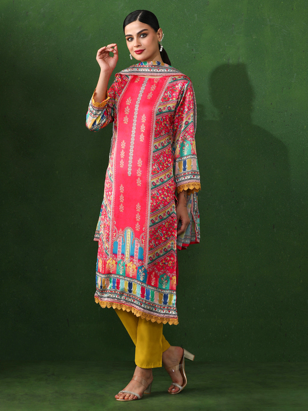 Floral Embroidered A-Line Satin Kurta & Trousers Sets