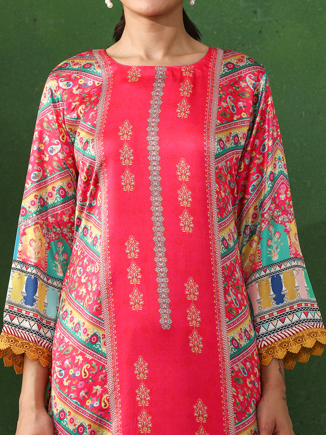 Floral Embroidered A-Line Satin Kurta & Trousers Sets