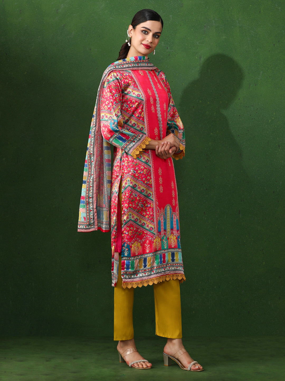 Floral Embroidered A-Line Satin Kurta & Trousers Sets