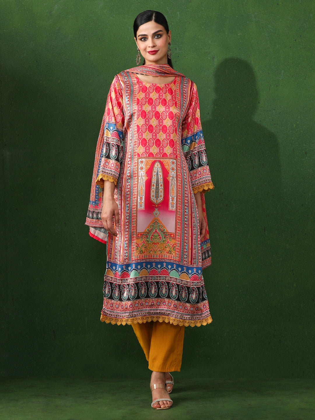 Floral Embroidered A-Line Satin Kurta & Trousers Sets