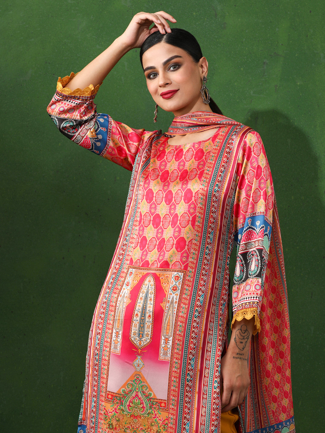 Floral Embroidered A-Line Satin Kurta & Trousers Sets