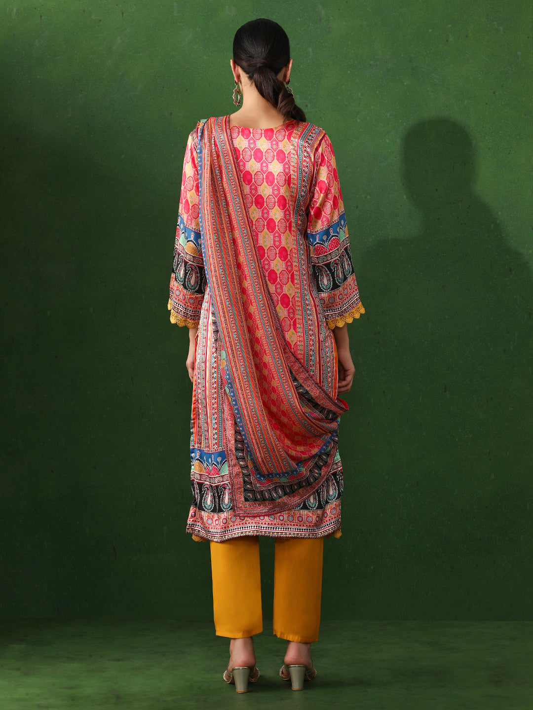 Floral Embroidered A-Line Satin Kurta & Trousers Sets