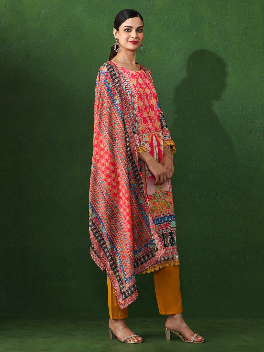Floral Embroidered A-Line Satin Kurta & Trousers Sets
