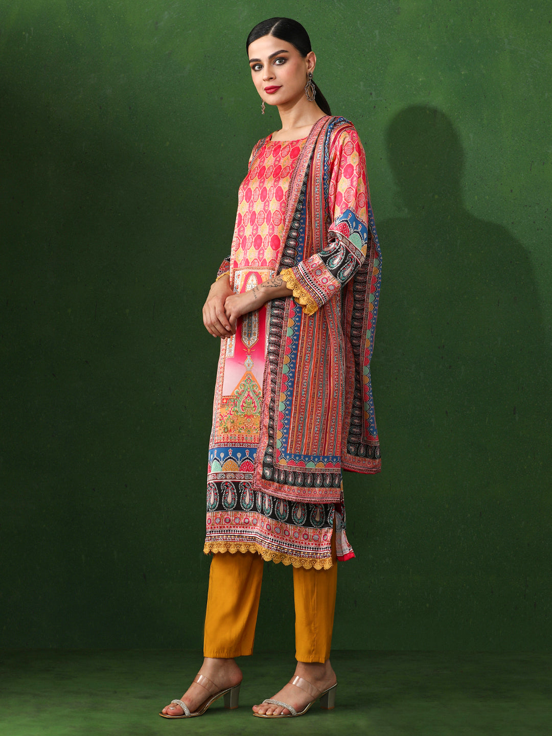 Floral Embroidered A-Line Satin Kurta & Trousers Sets
