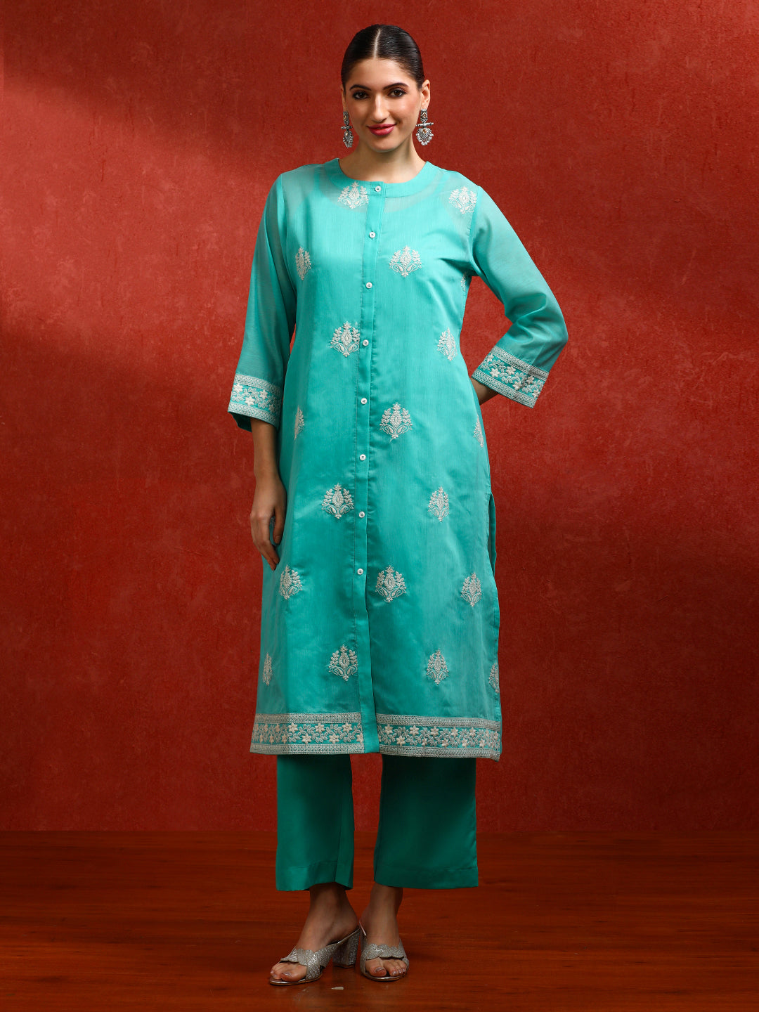 Floral Embroidered A-Line Kurta & Trousers Sets
