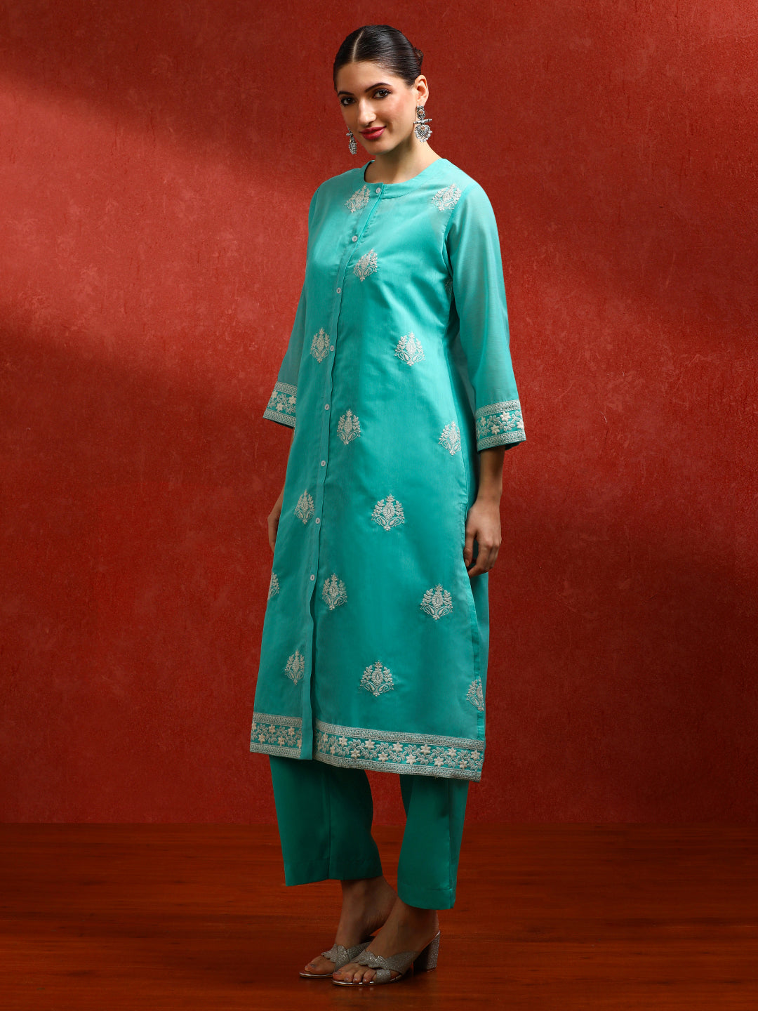 Floral Embroidered A-Line Kurta & Trousers Sets