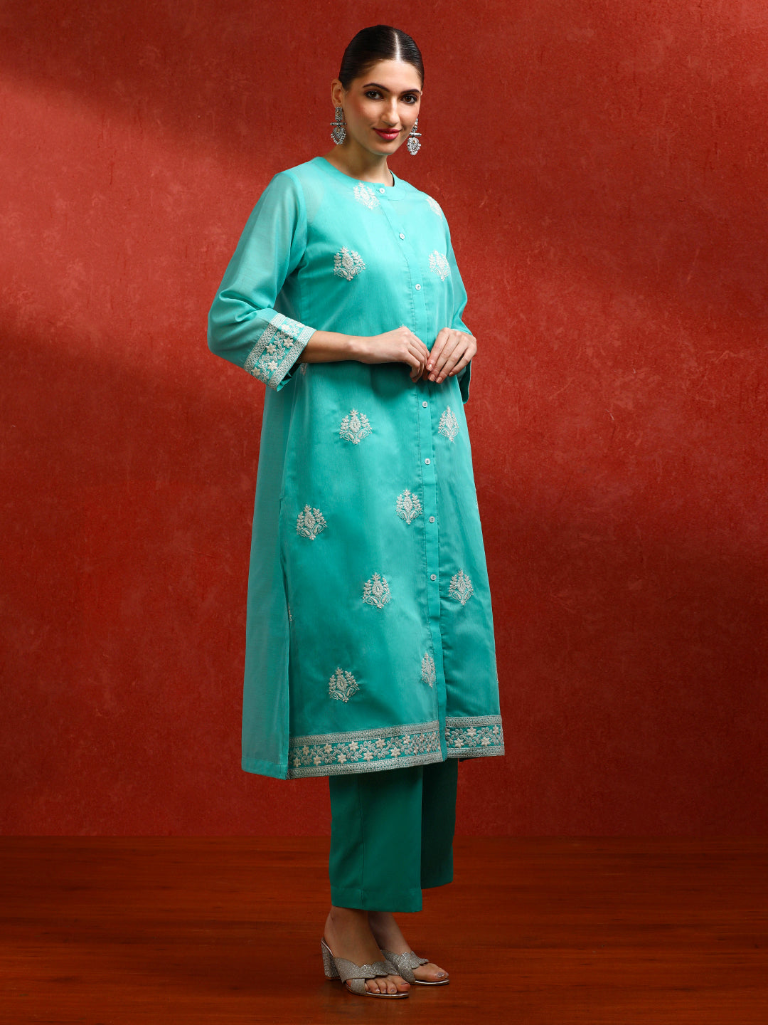 Floral Embroidered A-Line Kurta & Trousers Sets
