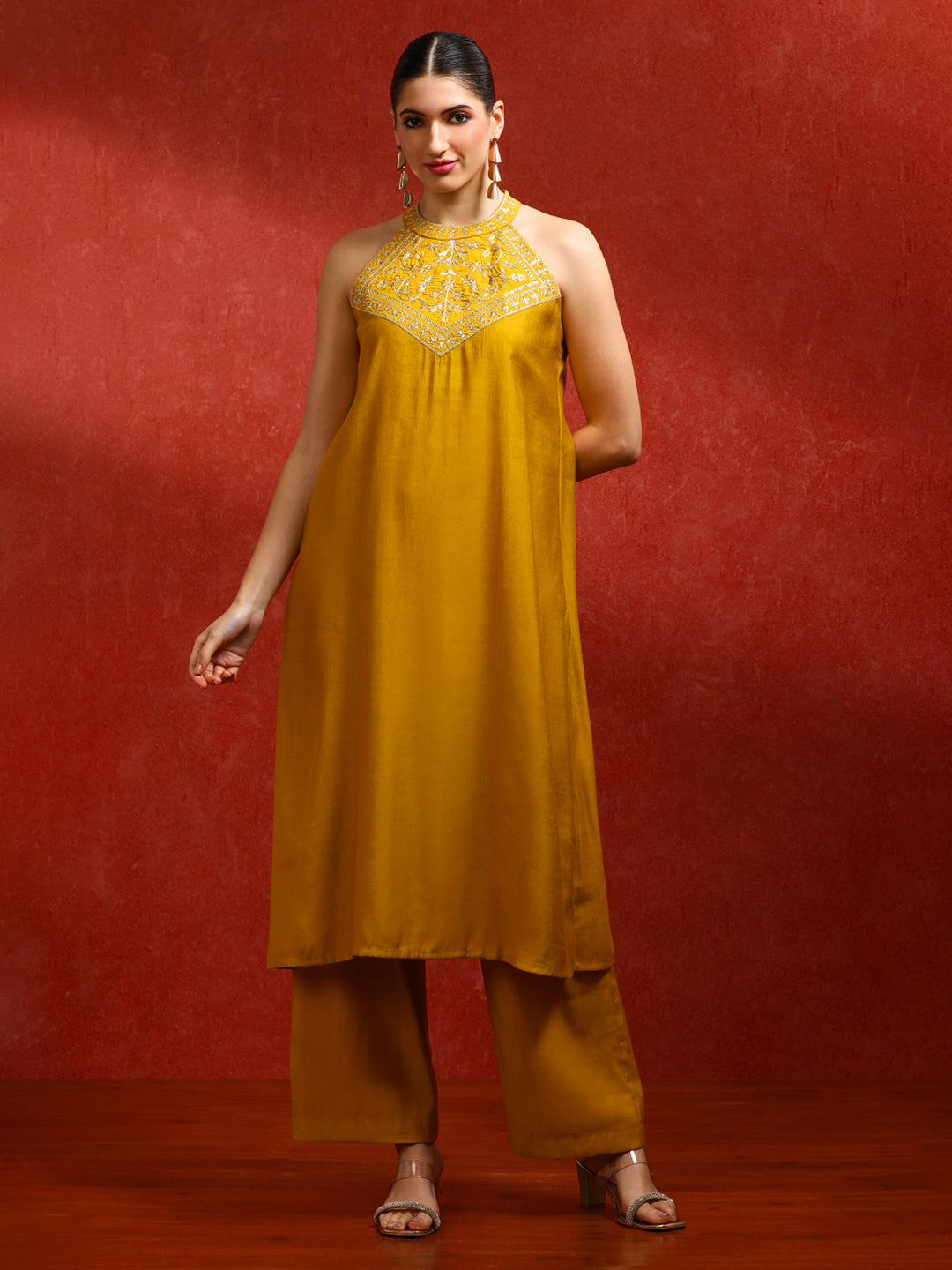 Solid Embroidered A-Line Kurta & Trousers Sets