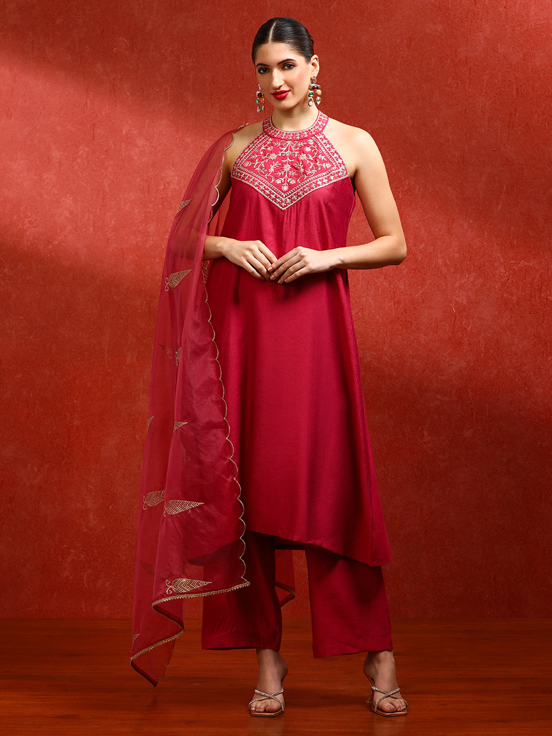 Solid Embroidered A-Line Kurta & Trousers Sets