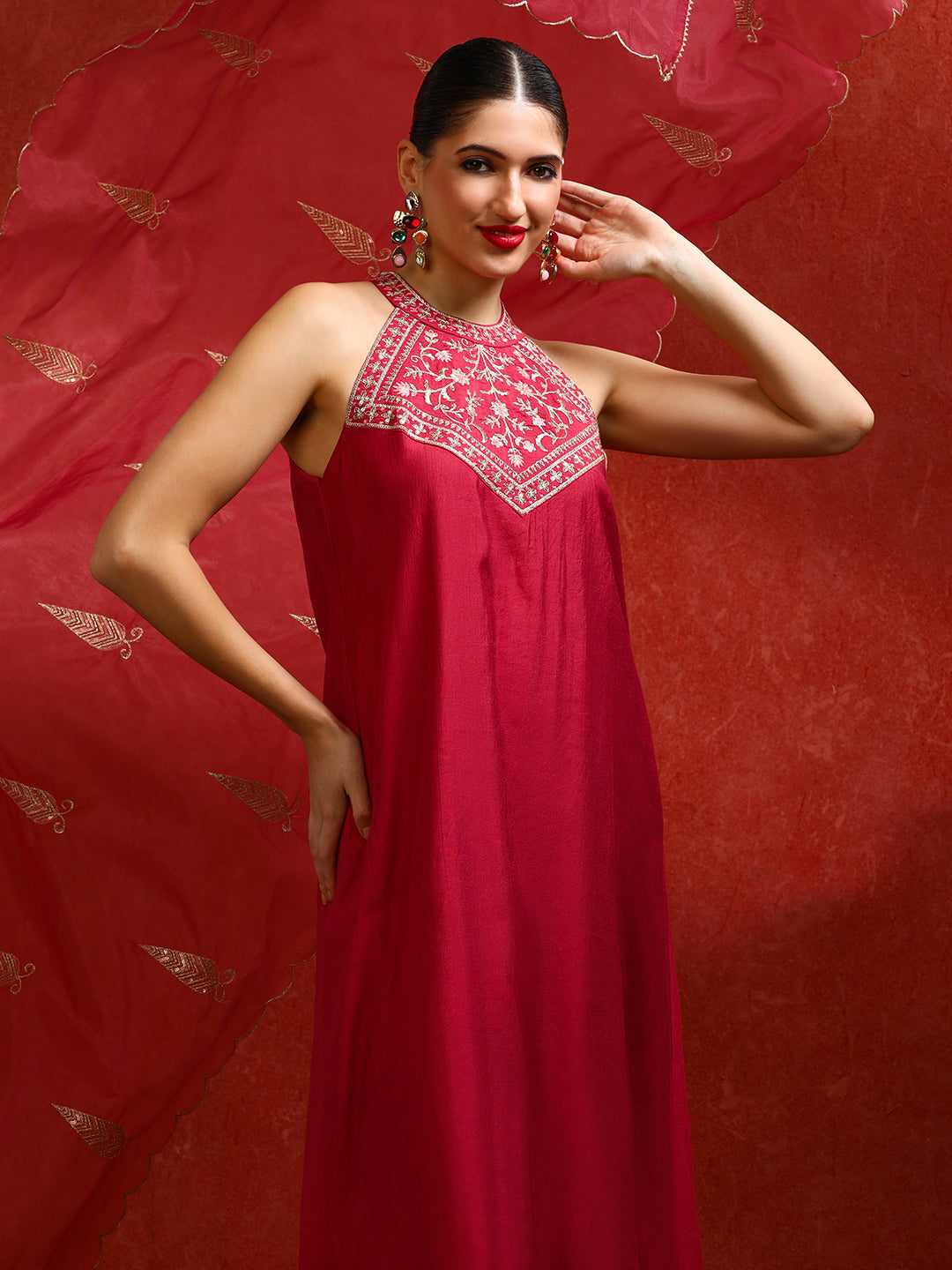 Solid Embroidered A-Line Kurta & Trousers Sets