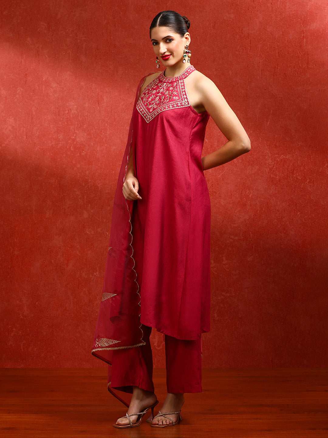 Solid Embroidered A-Line Kurta & Trousers Sets