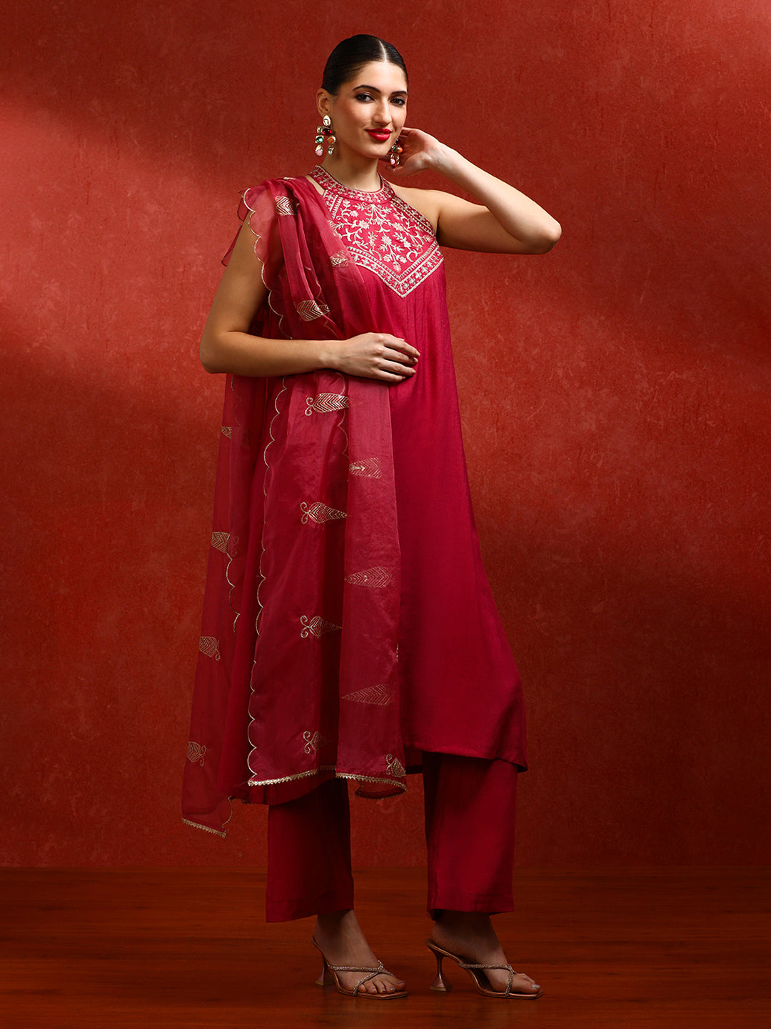 Solid Embroidered A-Line Kurta & Trousers Sets