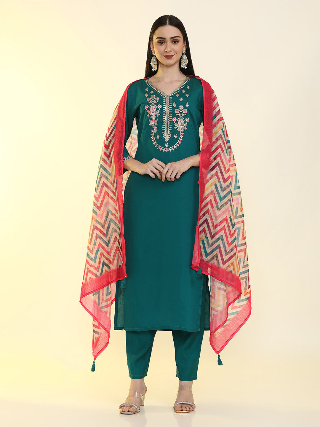 Solid Embroidered Straight Kurta & Trousers Sets